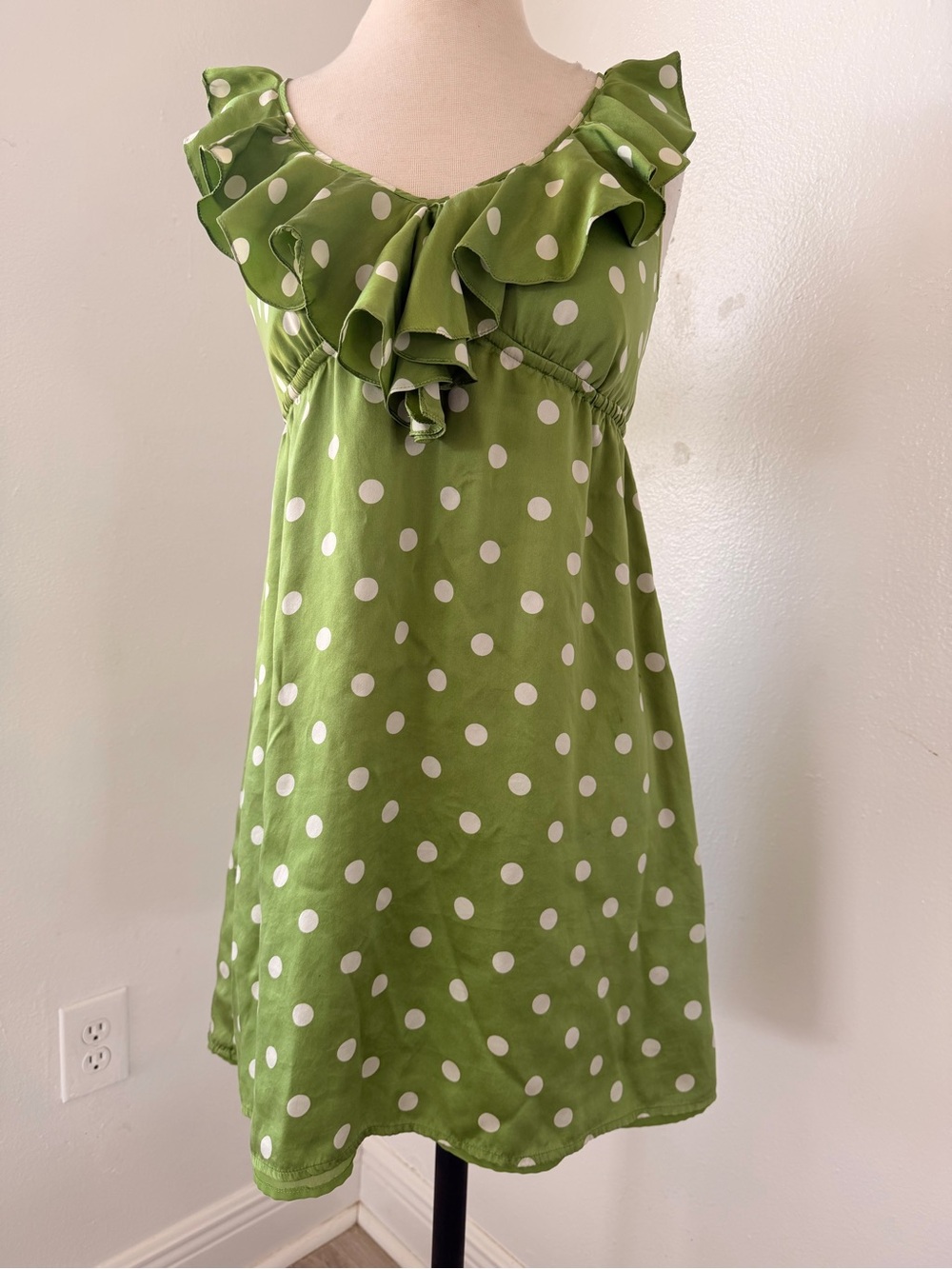 LOFT Lime Green White Polka Dot Ruffle Neck Dress